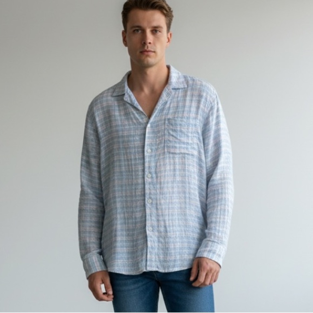 FAHERTY 100% LINEN LIGHT BLUE PINK PLAID STRIPE BUTTON DOWN SHIRT GREAT COND M